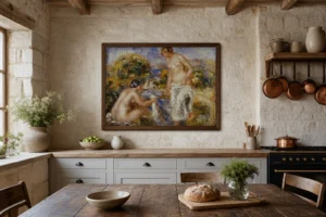 Framed print of Bathing Women hanging on a wall in a furnished room