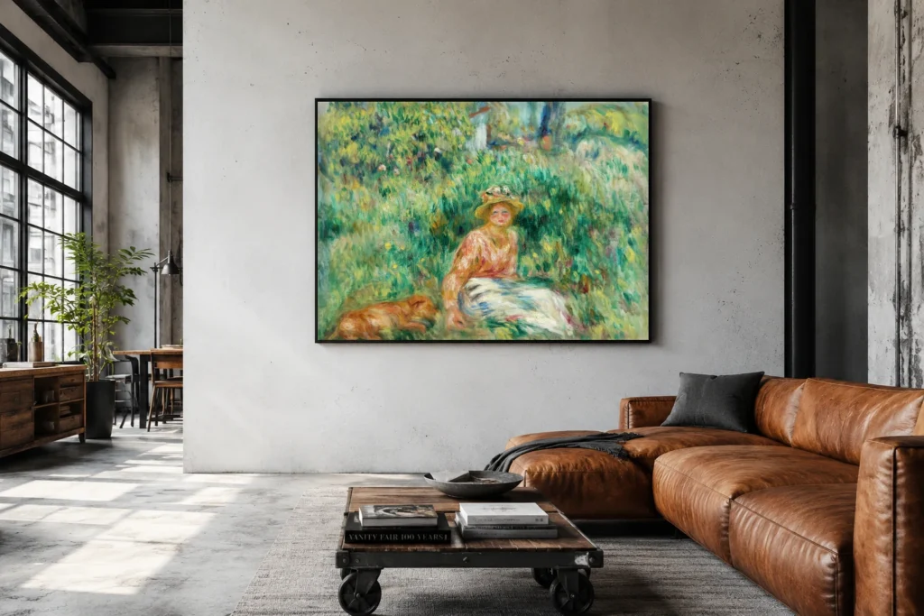 Framed print of Young Woman in a Garden hanging on a wall in a furnished room