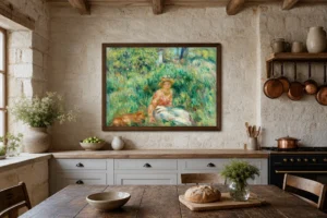 Framed print of Young Woman in a Garden hanging on a wall in a furnished room