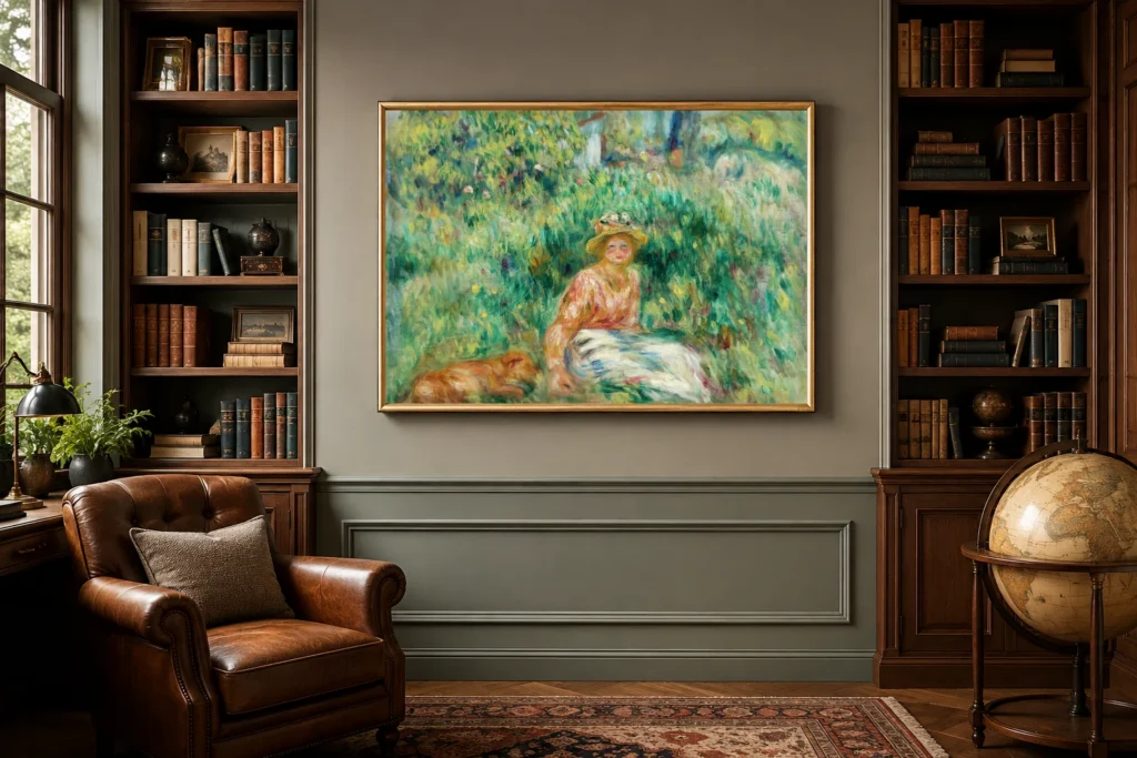 Framed print of Young Woman in a Garden hanging on a wall in a furnished room