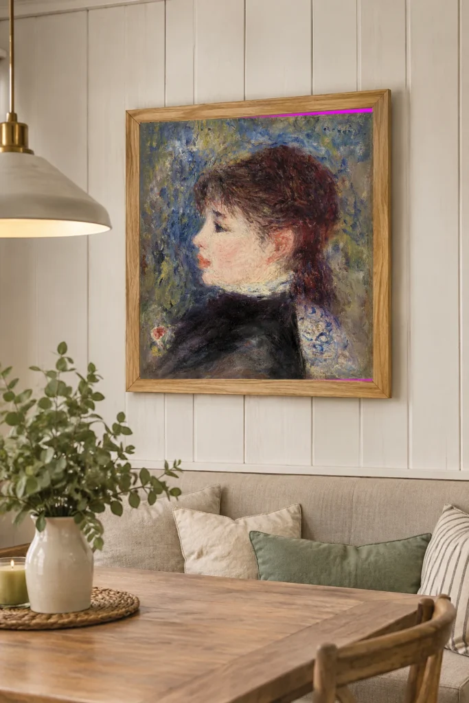 Framed print of Young Woman with Rose (Jeune fille à la rose) hanging on a wall in a furnished room