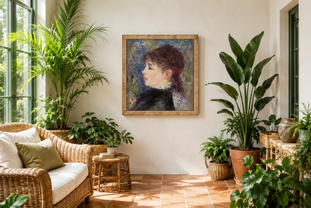 Framed print of Young Woman with Rose (Jeune fille à la rose) hanging on a wall in a furnished room