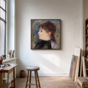 Framed print of Young Woman with Rose (Jeune fille à la rose) hanging on a wall in a furnished room