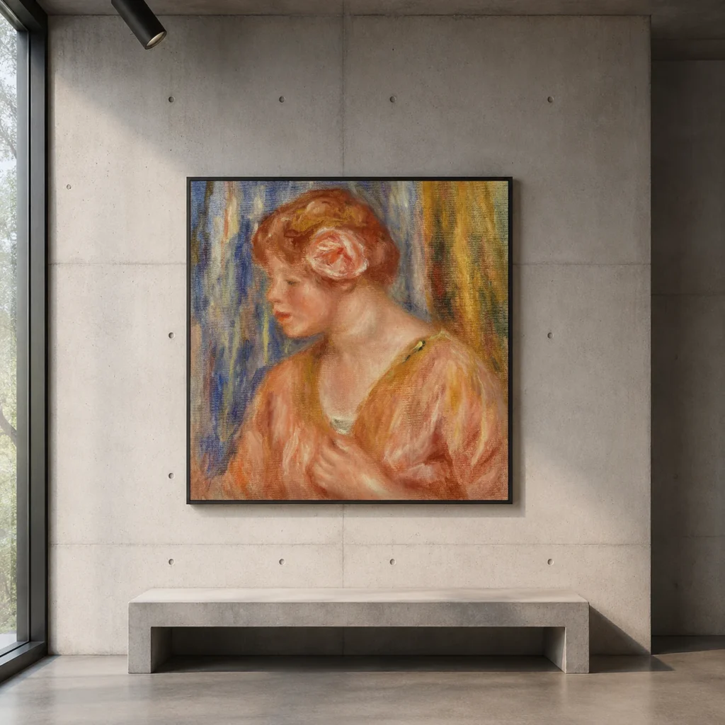 Framed print of Young Woman with Rose (Jeune fille à la rose) hanging on a wall in a furnished room
