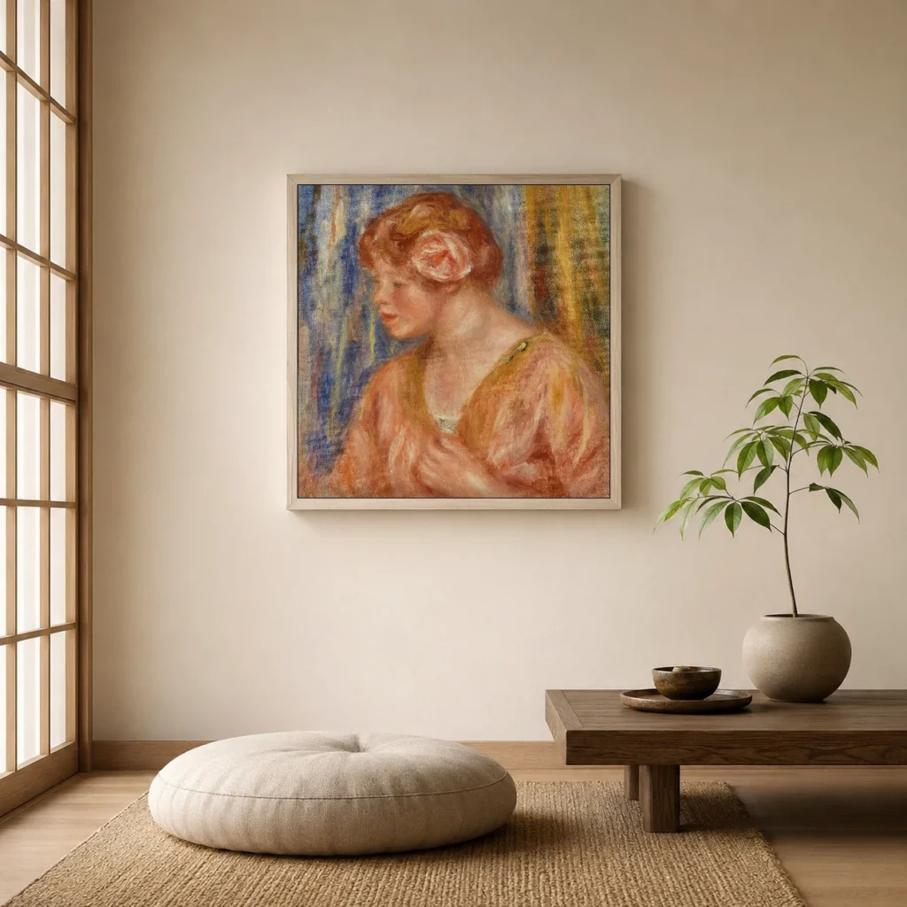 Framed print of Young Woman with Rose (Jeune fille à la rose) hanging on a wall in a furnished room