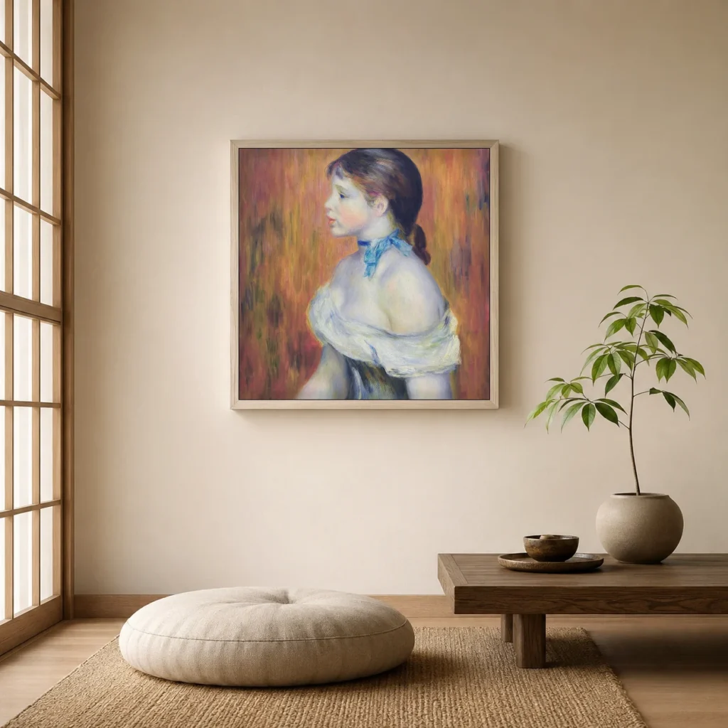 Framed print of Young Woman with a Blue Choker hanging on a wall in a furnished room