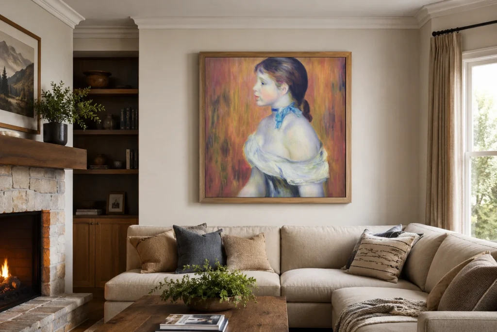 Framed print of Young Woman with a Blue Choker hanging on a wall in a furnished room