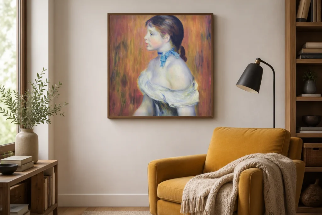 Framed print of Young Woman with a Blue Choker hanging on a wall in a furnished room