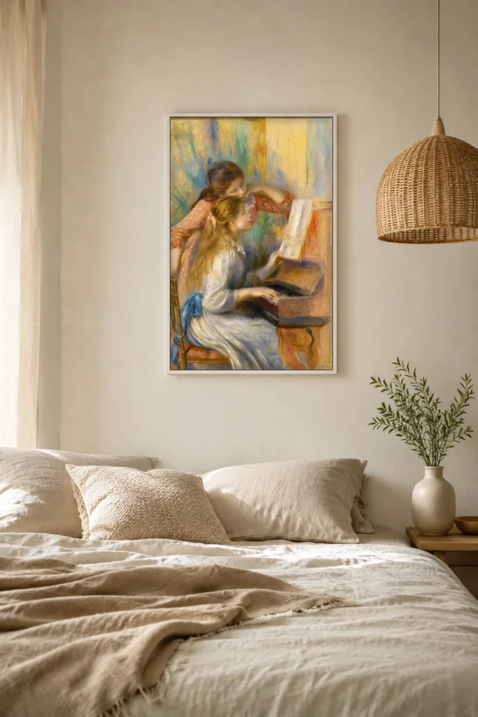Framed print of Young girls at the piano hanging on a wall in a furnished room