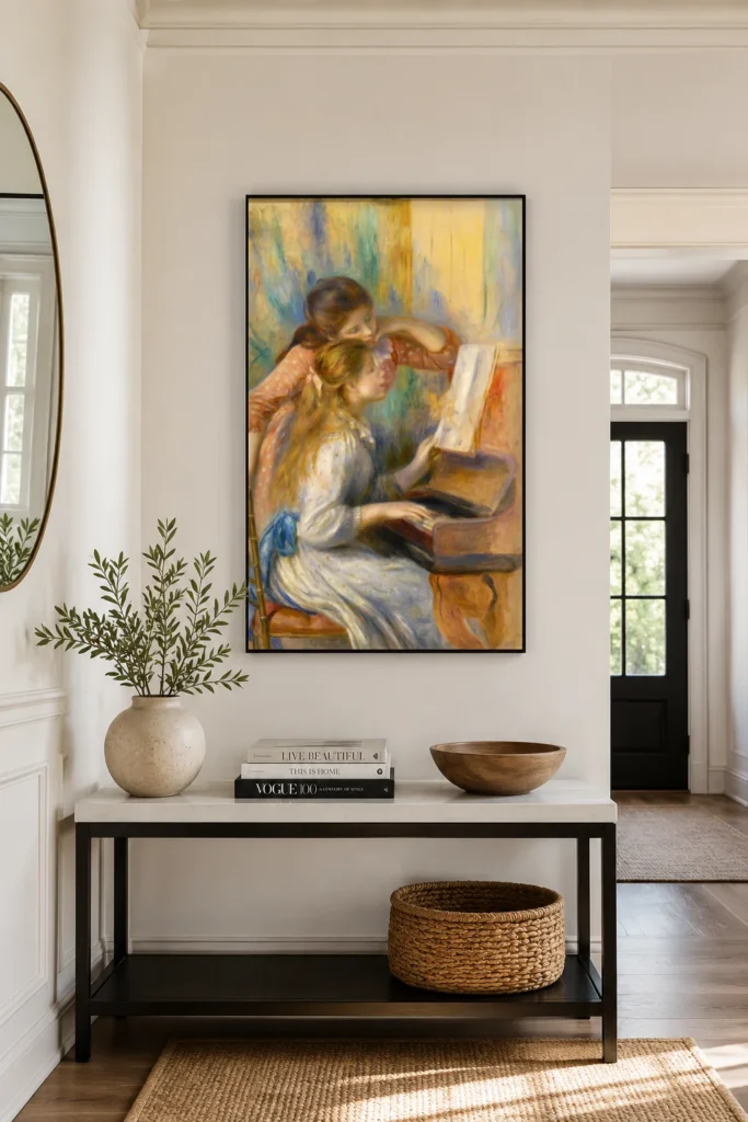 Framed print of Young girls at the piano hanging on a wall in a furnished room