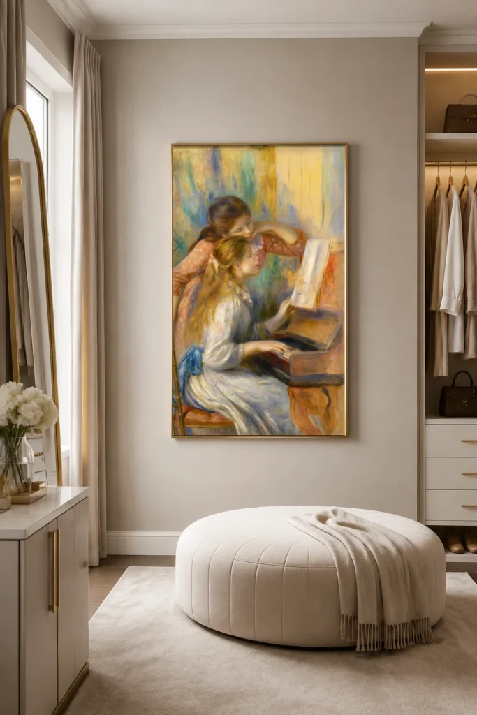 Framed print of Young girls at the piano hanging on a wall in a furnished room