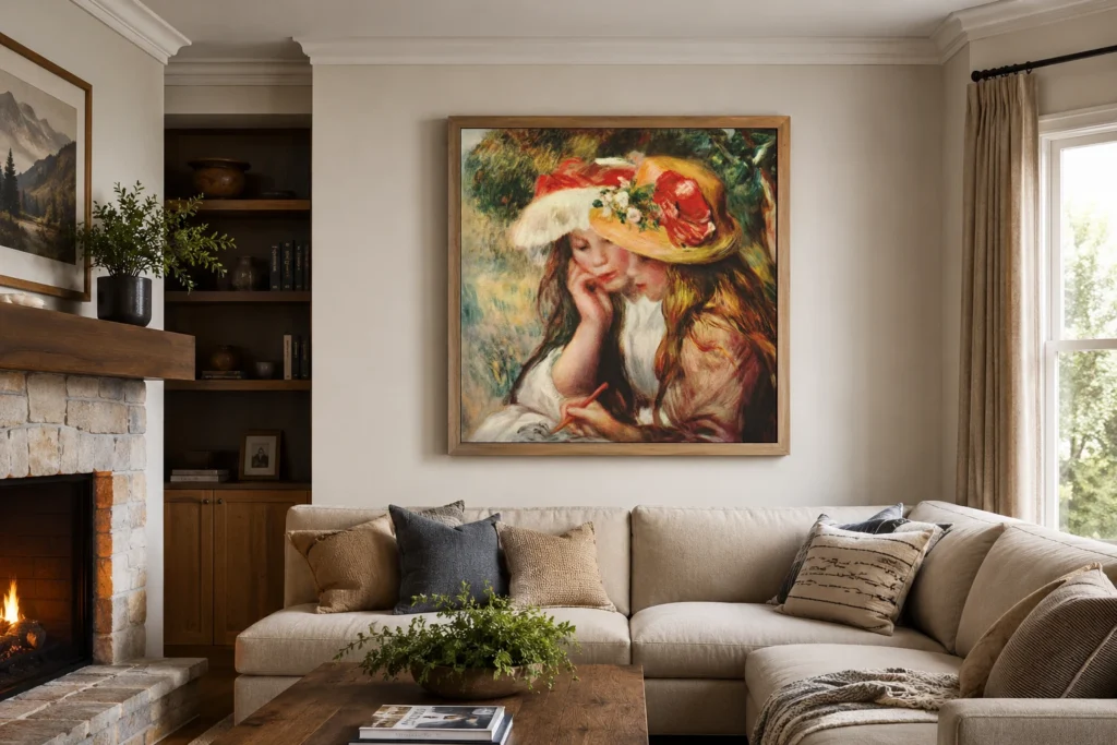 Framed print of Young girls drawing hanging on a wall in a furnished room