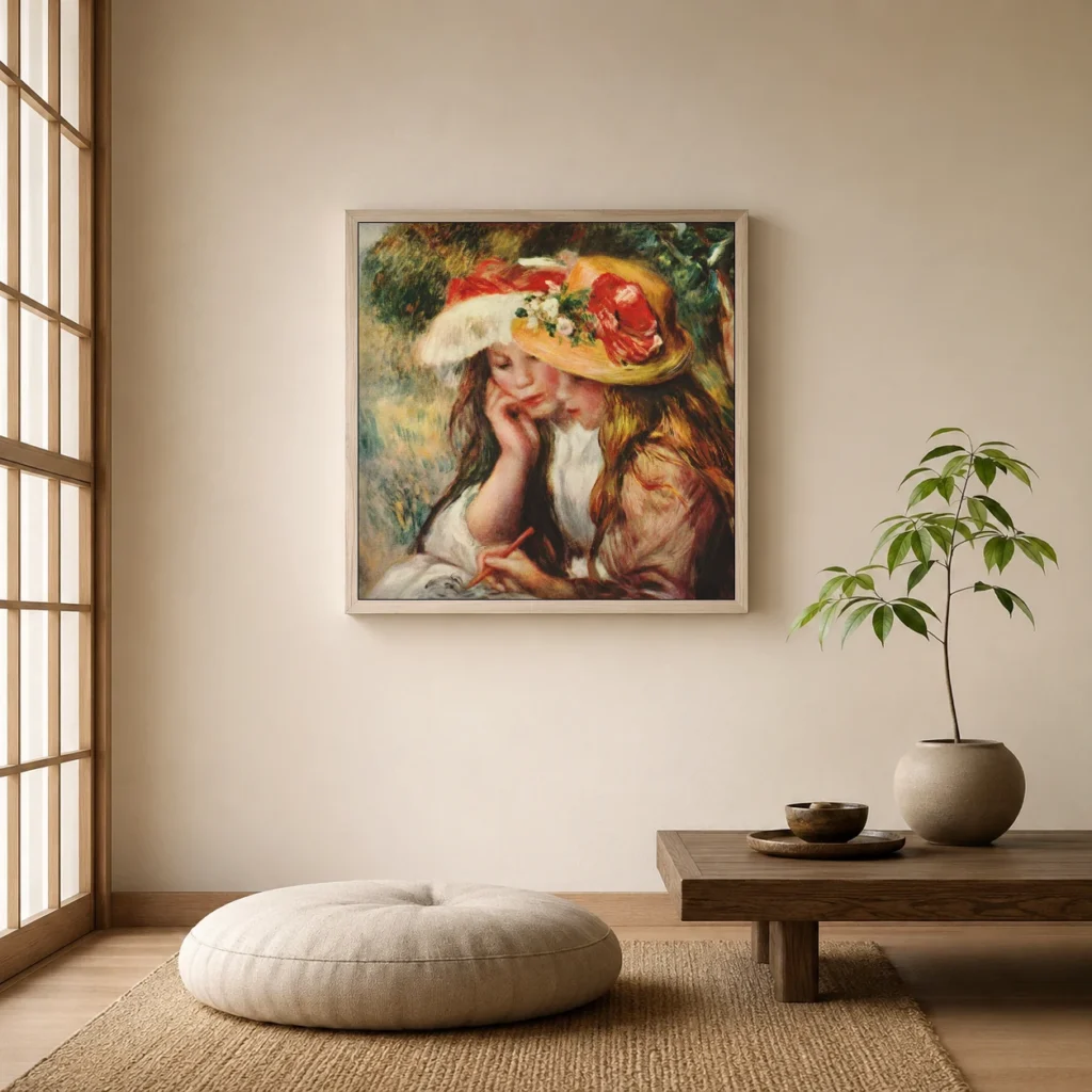 Framed print of Young girls drawing hanging on a wall in a furnished room