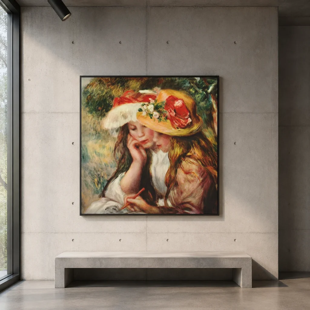 Framed print of Young girls drawing hanging on a wall in a furnished room