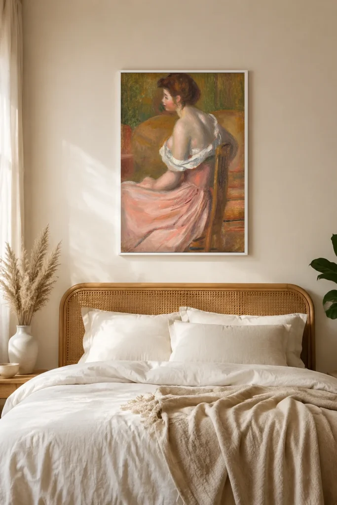 Framed print of Young woman seated, with neck and shoulders uncovered hanging on a wall in a furnished room