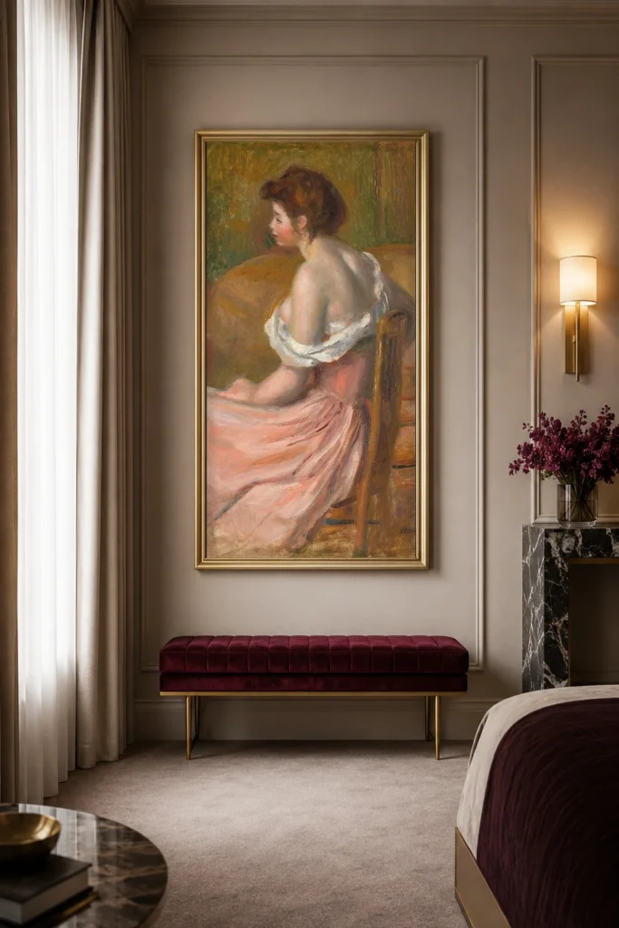 Framed print of Young woman seated, with neck and shoulders uncovered hanging on a wall in a furnished room
