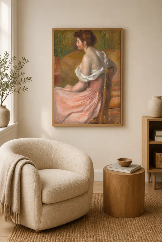 Framed print of Young woman seated, with neck and shoulders uncovered hanging on a wall in a furnished room