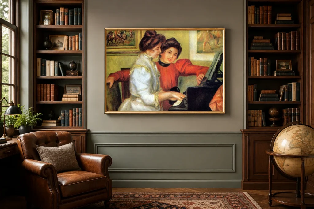 Framed print of Yvonne and Christine Lerolle at the Piano hanging on a wall in a furnished room