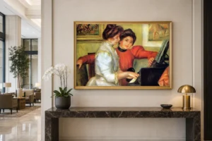 Framed print of Yvonne and Christine Lerolle at the Piano hanging on a wall in a furnished room