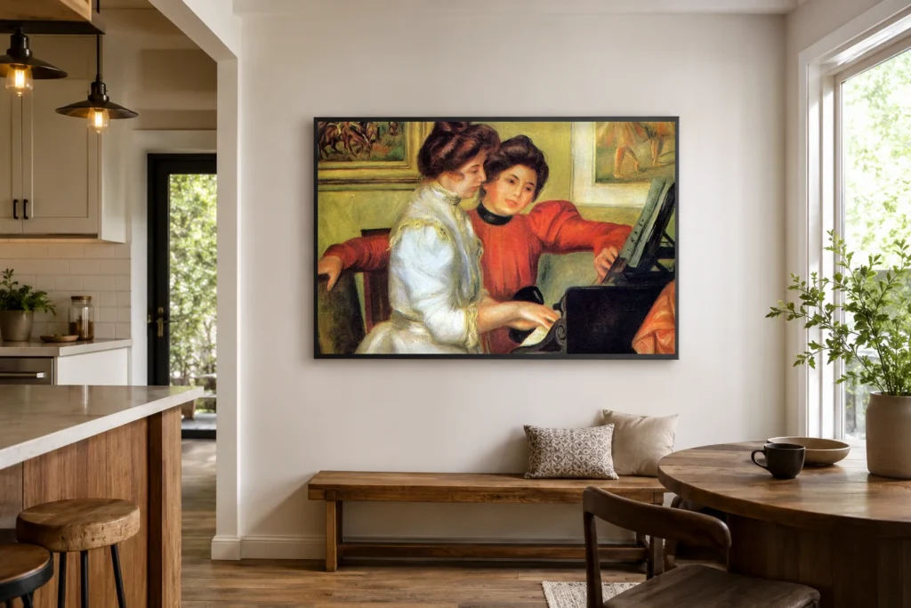 Framed print of Yvonne and Christine Lerolle at the Piano hanging on a wall in a furnished room