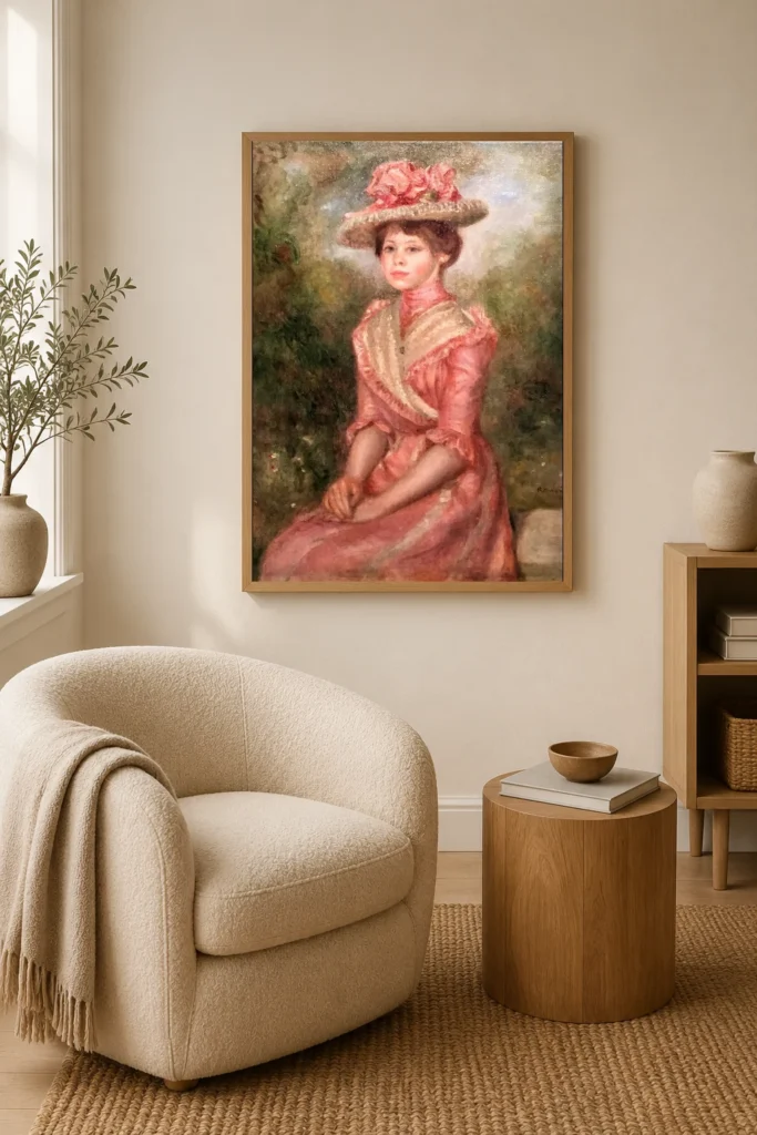 Framed print of Yvonne in Pink hanging on a wall in a furnished room