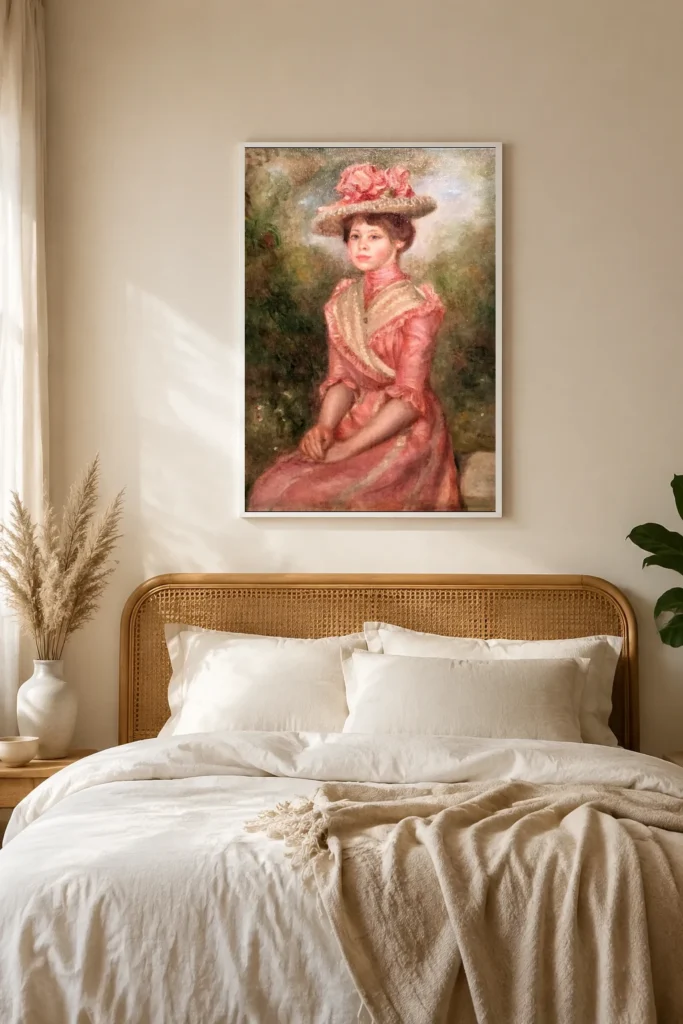 Framed print of Yvonne in Pink hanging on a wall in a furnished room