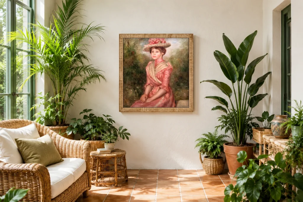 Framed print of Yvonne in Pink hanging on a wall in a furnished room
