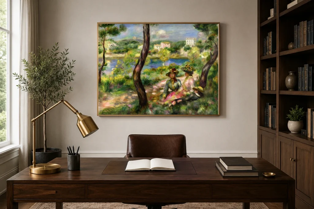 Framed print of Beaulieu hanging on a wall in a furnished room