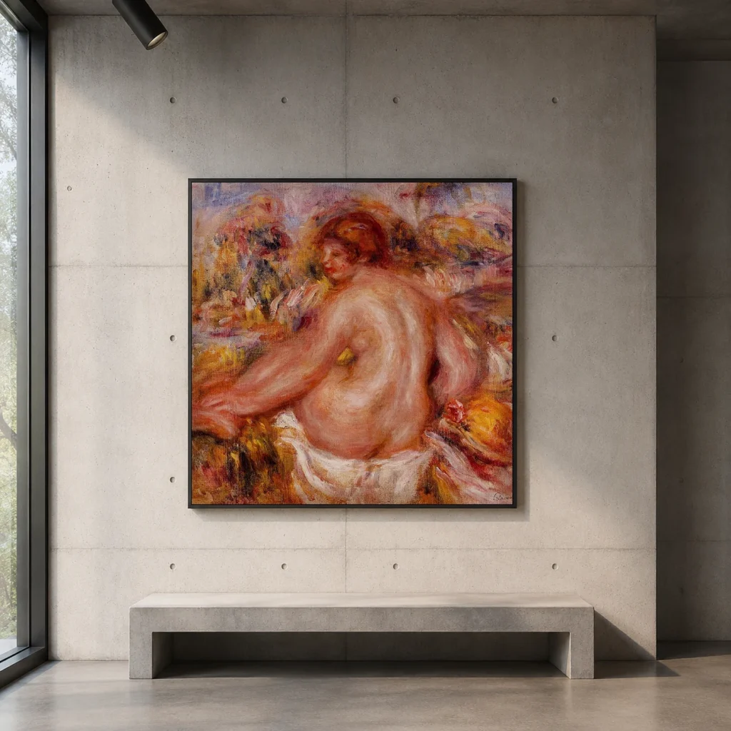 Framed print of after bathing seated female nude hanging on a wall in a furnished room