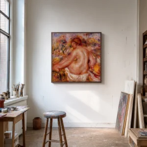 Framed print of after bathing seated female nude hanging on a wall in a furnished room