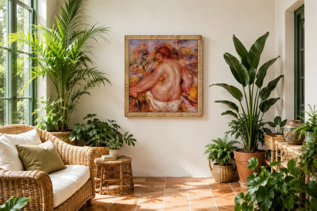 Framed print of after bathing seated female nude hanging on a wall in a furnished room