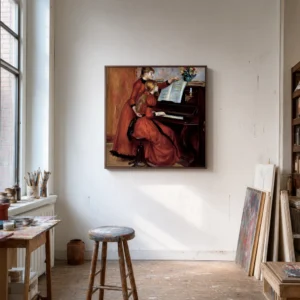 Framed print of piano lesson hanging on a wall in a furnished room