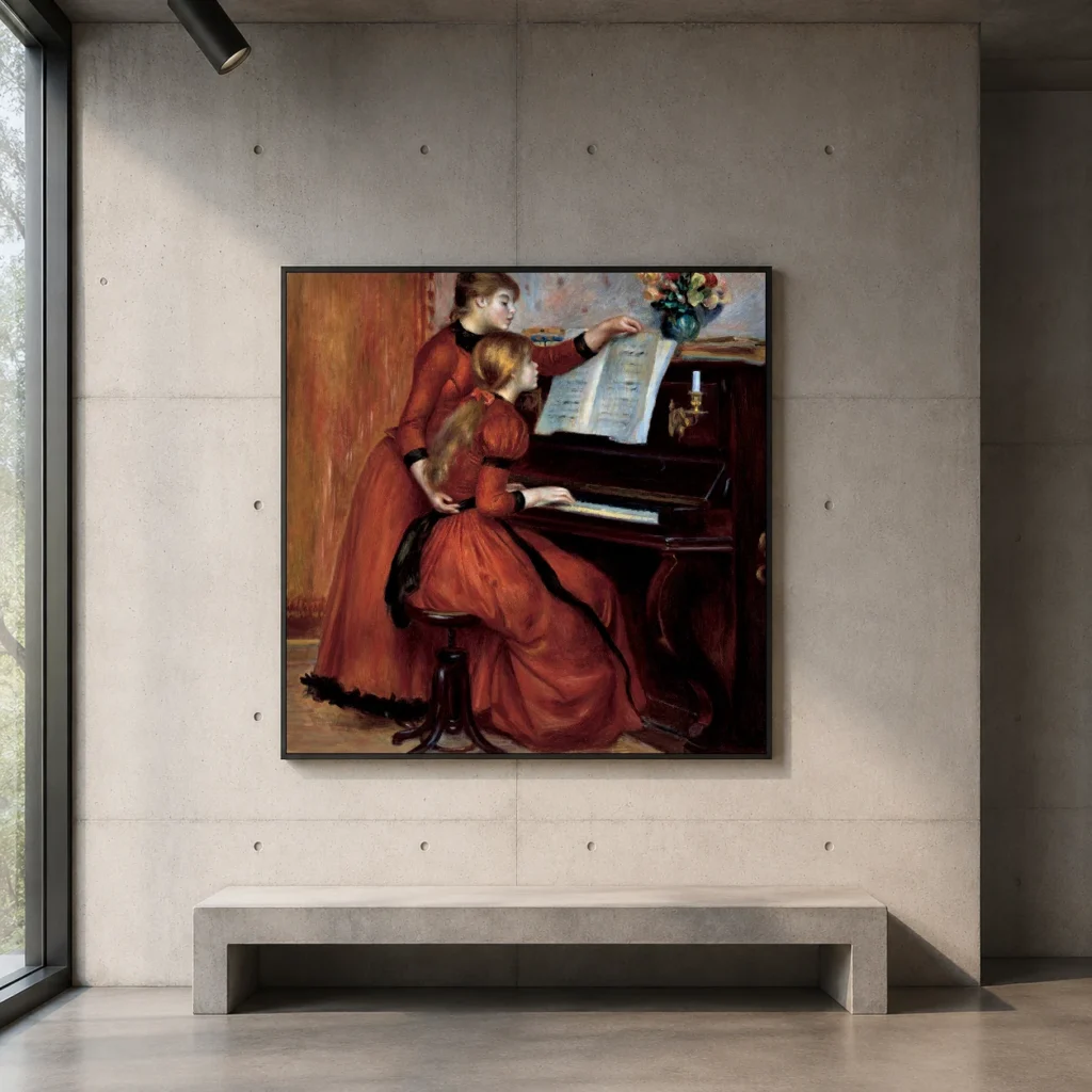 Framed print of piano lesson hanging on a wall in a furnished room