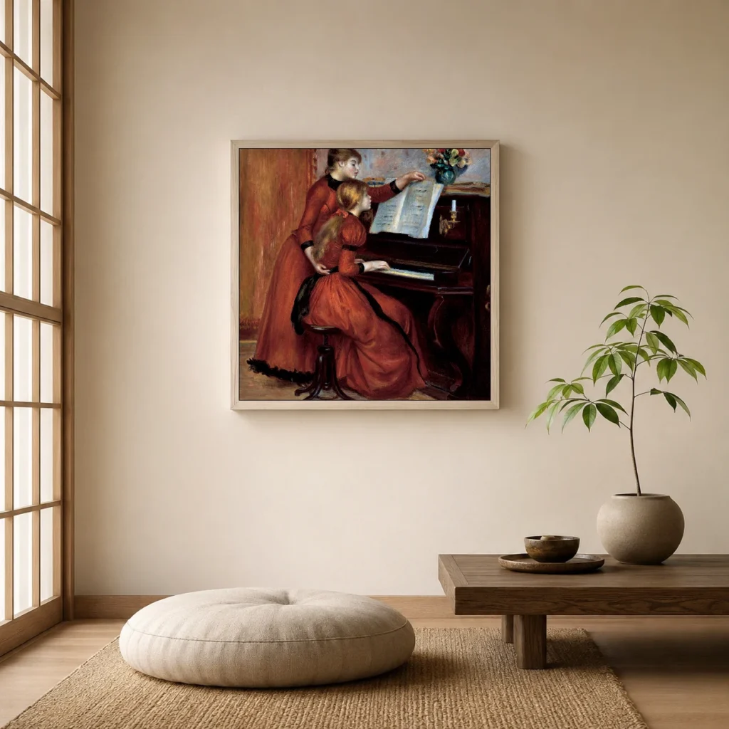 Framed print of piano lesson hanging on a wall in a furnished room