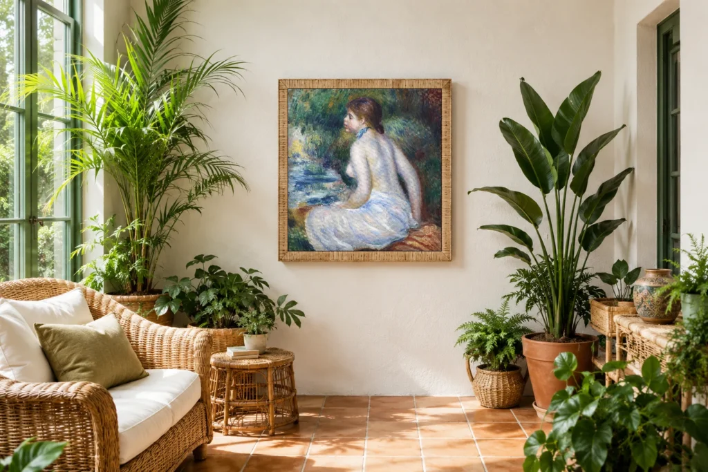 Framed print of sitting bathing woman hanging on a wall in a furnished room