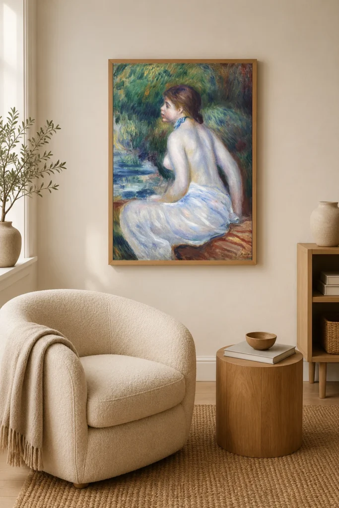 Framed print of sitting bathing woman hanging on a wall in a furnished room