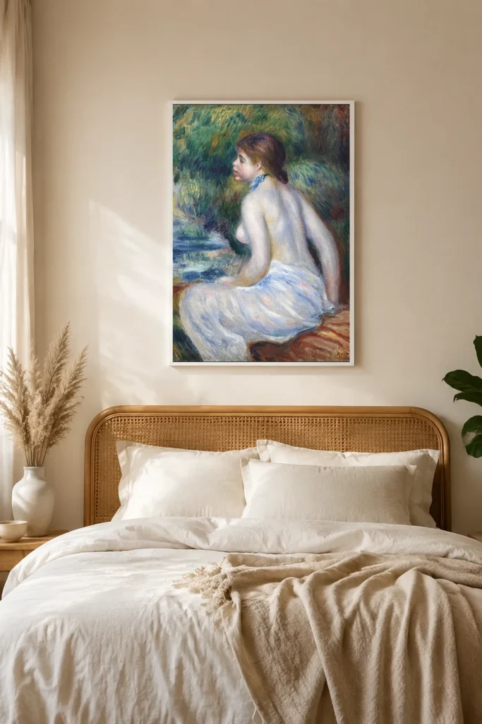 Framed print of sitting bathing woman hanging on a wall in a furnished room