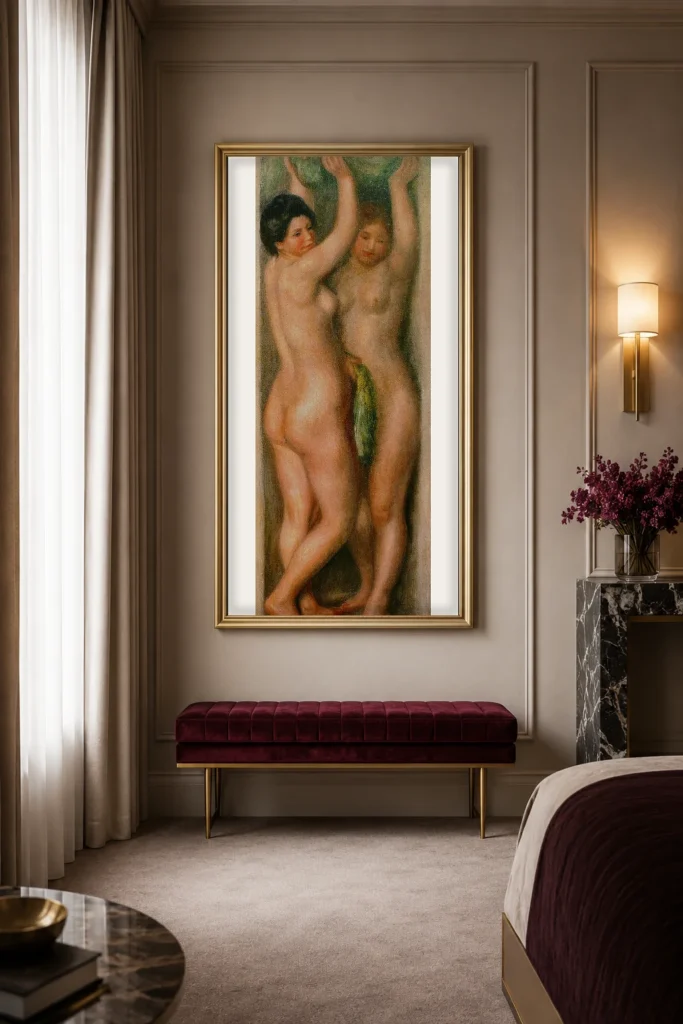Framed print of two young nude women hanging on a wall in a furnished room