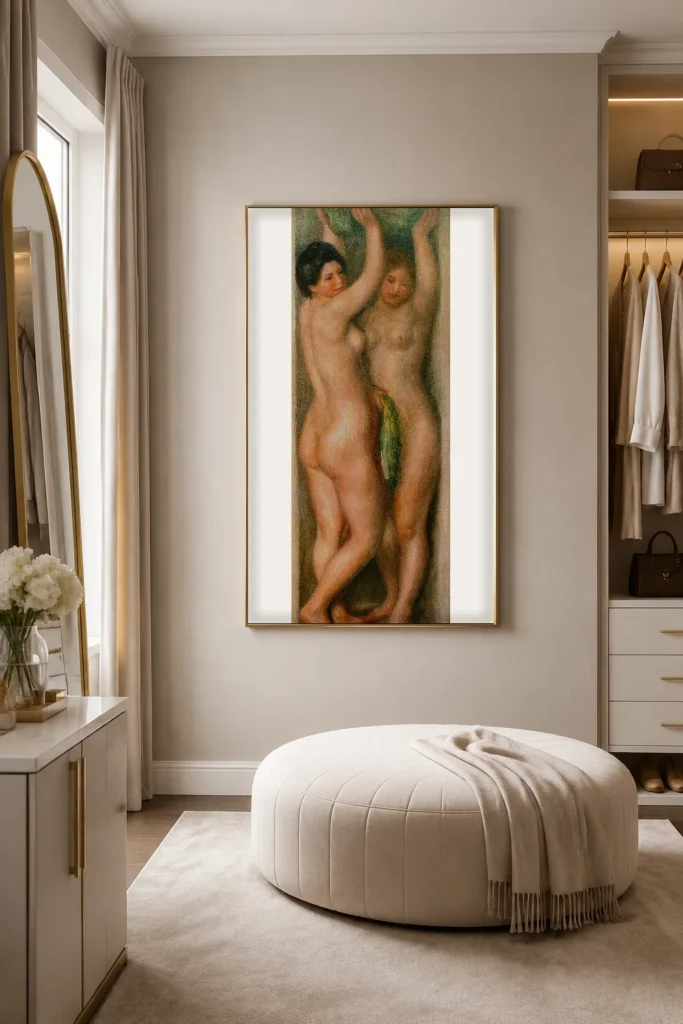 Framed print of two young nude women hanging on a wall in a furnished room