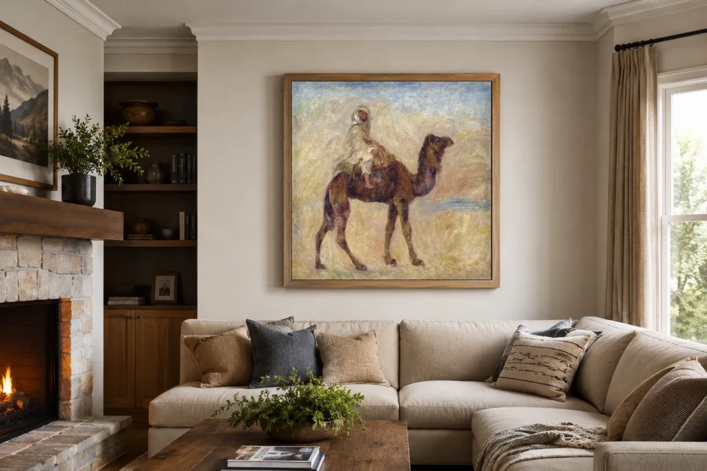 Framed print of On Camelback hanging on a wall in a furnished room