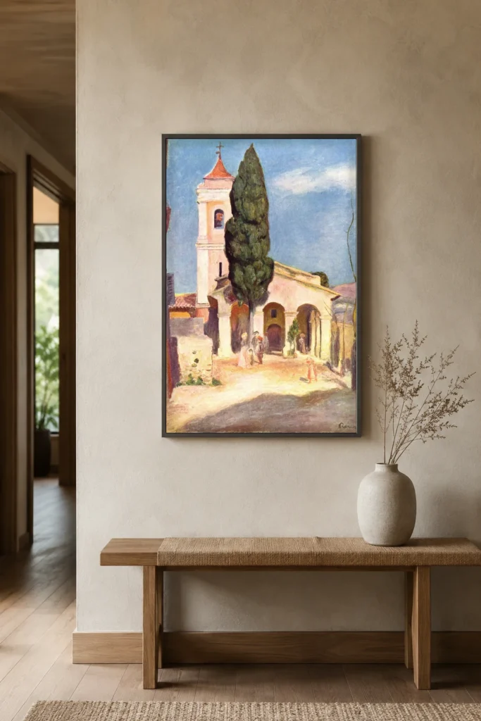 Framed print of Church at Cagnes hanging on a wall in a furnished room