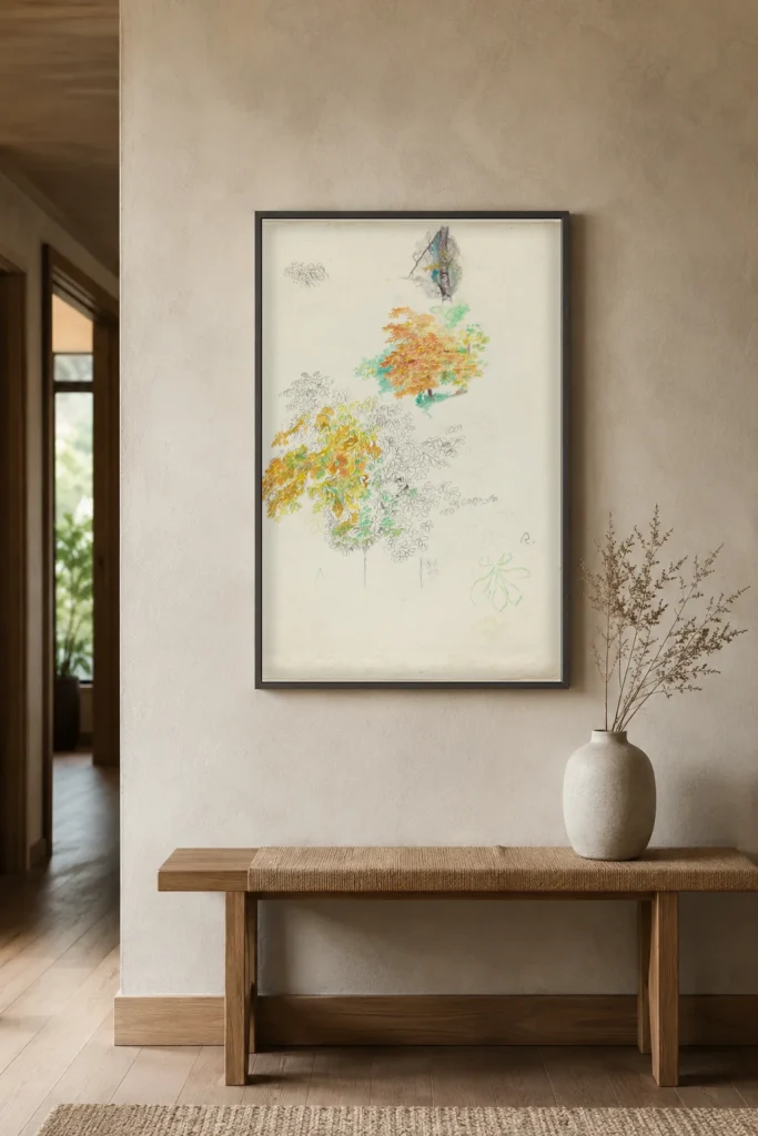 Framed print of Study of Trees hanging on a wall in a furnished room