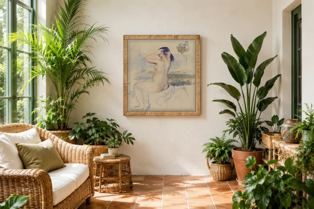 Framed print of Study of a Bather hanging on a wall in a furnished room