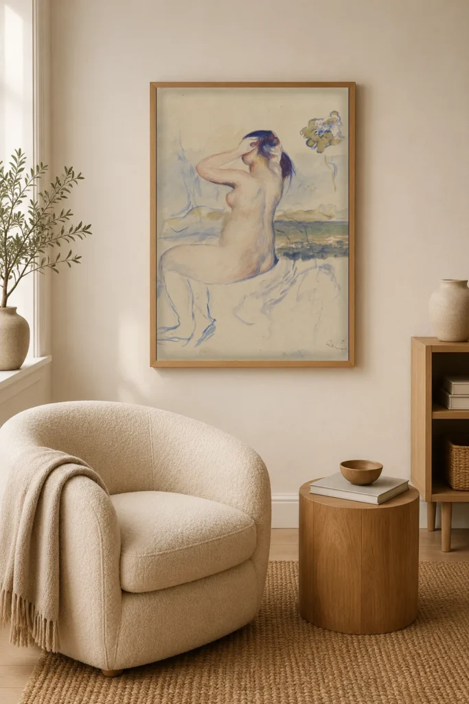 Framed print of Study of a Bather hanging on a wall in a furnished room