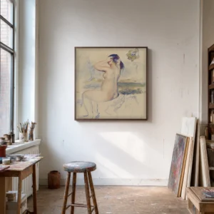 Framed print of Study of a Bather hanging on a wall in a furnished room
