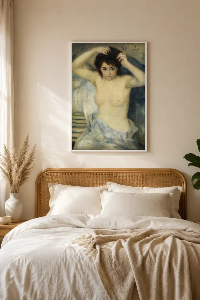 Framed print of Before the Bath (Avant le bain) hanging on a wall in a furnished room