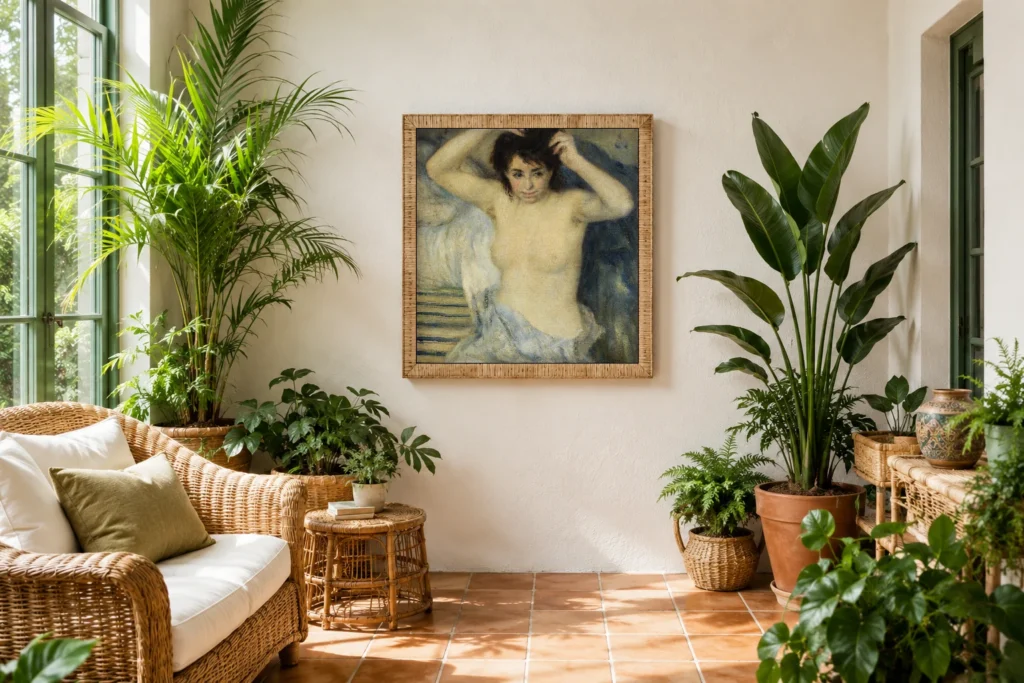 Framed print of Before the Bath (Avant le bain) hanging on a wall in a furnished room