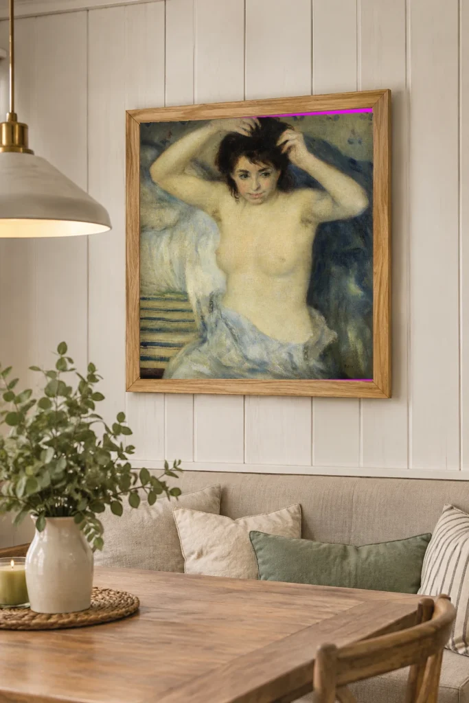Framed print of Before the Bath (Avant le bain) hanging on a wall in a furnished room