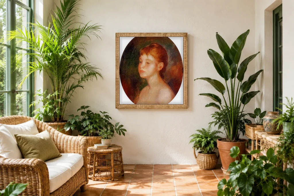 Framed print of Study of a Young Woman (Mademoiselle Murer) hanging on a wall in a furnished room