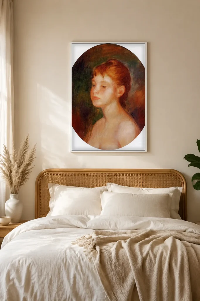 Framed print of Study of a Young Woman (Mademoiselle Murer) hanging on a wall in a furnished room